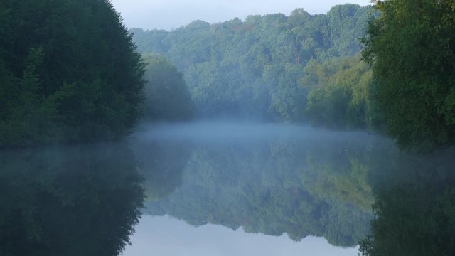 4k video footage of bautiful early  morning landscape. Scenic foggy river water and fresh green trees growing on shores in countryside of Ukraine.