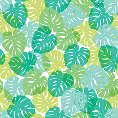 Cheese plant and palm exotic tropical monstera house plant leaves. Vector repeat pattern. Great for apparel, home decor, backgrounds, wallpaper.