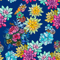Watercolor seamless plants on a dark blue background, multi colored succulents stock pattern