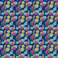 Fototapeta na wymiar Watercolor seamless plants on a dark blue background, small colorful succulents stock pattern