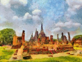 Obraz premium The Archaeological site in Ayutthaya Thailand world heritage Illustrations creates an impressionist style of painting.