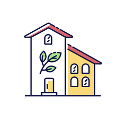 Green building RGB color icon. Sustainable development. Eco friendly real estate. Greenhouse exterior. Efficient building in downtown. Reduce resource waste. Isolated vector illustration