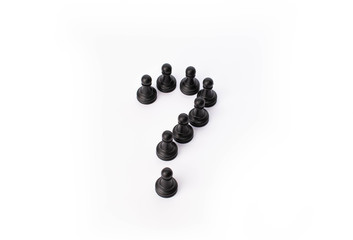 Black pawn chess pieces in a question mark shape, isolated showing confusion and thought