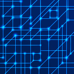 Vector background of bright neon lines with intersection nodes. Concept of data transmission networks and neural networks. Geometric pattern of squares of cubes on a blue background.