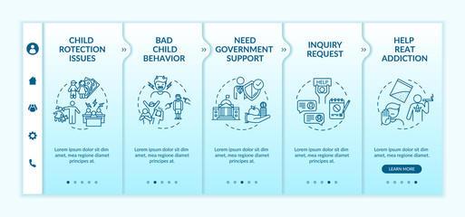 Support for family onboarding vector template. Bad child behavior. Inquiry request. Community help. Responsive mobile website with icons. Webpage walkthrough step screens. RGB color concept