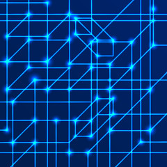 Fototapeta premium Vector background of bright neon lines with intersection nodes. Data transmission concept of networks and neural networks. Geometric pattern of squares of cubes and volumetric rectangles on a blue