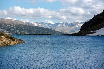 Beautiful Querol Lake in the mountain refuge in the Incles Valley, Canillo, Andorra