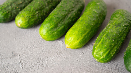 Cucumber line. Fresh green ripe cucumbers on gray concrete background. Gherkins on the table close-up.