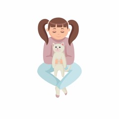 Little girl sitting on floor with crossed legs and playing with cat. Child holding white kitten on hands. Girl showing her domestic animal. Kindness to pets. Colorful cartoon characters