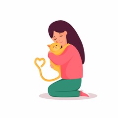 Girl sitting on floor and hugging her cat. Red kitten showing heart. Girl taking care of domestic pet. Kindness to animal. Female cartoon character. Colorful vector illustration for website, print