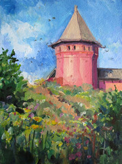 Summer in Suzdal. monastery in russia, oil painting