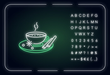 Masala chai neon light icon. Indian tea with spices and herbs. Traditional drink. Hot beverage. Outer glowing effect. Sign with alphabet, numbers and symbols. Vector isolated RGB color illustration