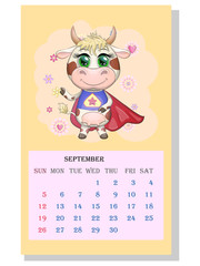 Calendar 2021. The bull is a symbol of the new year, Cartoon cow. Chinese horoscope calendar. Week starts on Sunday.