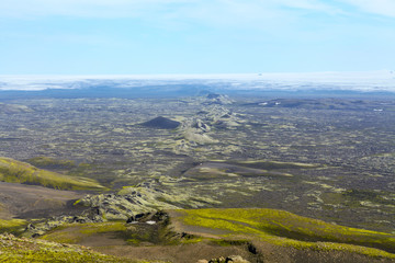 Laki Crater Iceland. Volcanic crater covered wit green moos. Volcanic Landscape. Volcano fissure...