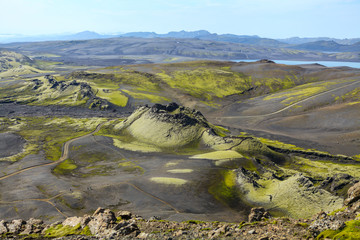 Laki Crater Iceland. Volcanic crater covered wit green moos. Volcanic Landscape. Volcano fissure...