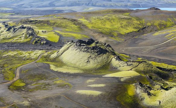 Laki Crater Iceland. Volcanic crater covered wit green moos. Volcanic Landscape. Volcano fissure eruption. Iceland landscape. Icelandic high land. Volcanic fissure with a green moss and lava field