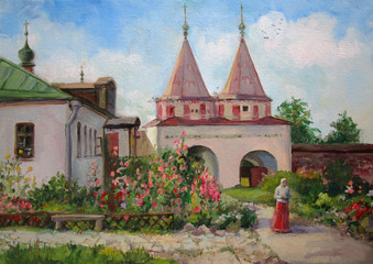 Russian monastery in Suzdal, sunny summer day, oil painting