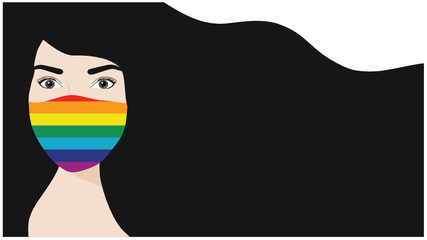 Beautiful long hair woman wearing rainbow face mask to protect COVID-19 disease vector illustration. LGBT transgender rainbow concept and new concept after covid-19 pandemic