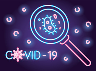 covid19 particles and magnifying glass neon light style