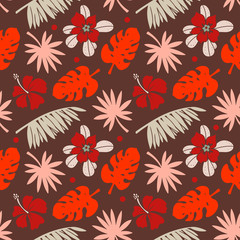Seamless pattern with hibiscus flowers, palm tree leaves