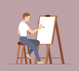 Man paints on white canvas. Artist creating picture. Colorful vector illustration, flat style.