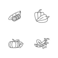 Salad ingredient pixel perfect linear icons set. Whole cucumber with slices. Bulgarian peppers. Customizable thin line contour symbols. Isolated vector outline illustrations. Editable stroke