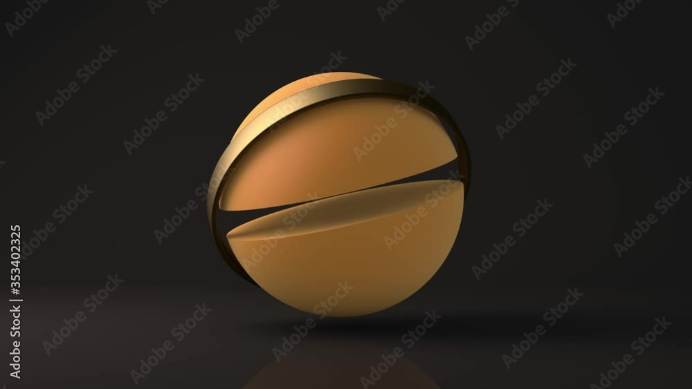 Poster abstract 3d animation of a yellow cut sphere and ring in a dark studio. objects move in mutual motio