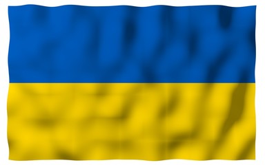 The flag of Ukraine on a white background. National flag and state ensign. Blue and yellow bicolour. 3D illustration waving flag
