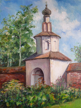 russian architecture in Suzdal, summer day, oil painting