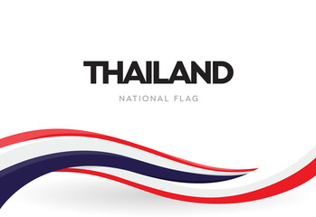 Thai national waving flag banner. Kingdom of Thailand national day. Anniversary of independence day poster. Red, blue, and white patriotic ribbon. Annual holiday celebration vector illustration.