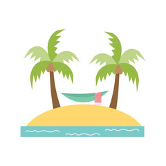Coconut trees with hammock on the beach. Vector illustration.