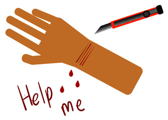 Cutting the wrist with a cutter is asking for help.Self-harm,Vector Illustration,Write a message with blood 