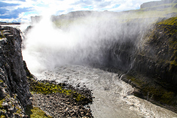 Amazing Iceland landscape at Dettifoss big waterfall in Northeast Iceland region. The most powerful waterfall in Europe. 