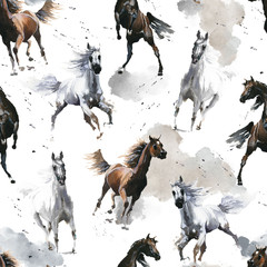 Hand drawn watercolor illustration. Cute cartoon. Seamless pattern. Horses white and dark brown. Mustang wild Arabian.  White background. Pastel color. For cloth, linen and other texture. © AnnaAngelPrincess