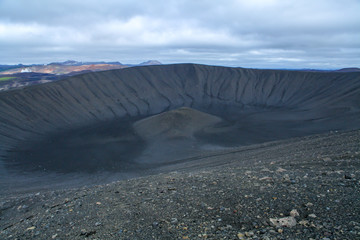 Black cone-shaped crater of the extinct volcano Nverfjall Myvatn area in Iceland. Volcanic crater. Volcanic ash and black rock