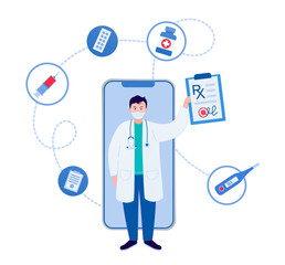 RX medical prescription drug. Online doctor concept. Doctor showing diagnosis and prescribes treatment. Medicine mobile phone app.