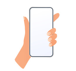 Hand man holding mobile smartphone with blank screen isolated on white background. Vector illustration.