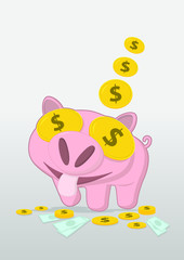 Piggy bank and gold coins. Savings  money. Vector illustrator.