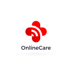 Online Care logo Concept, red heart care sign, cross medical and pharmacy symbol, signal wifi connection and web communication emblem. Vector logotype.