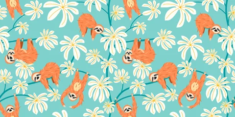 Wall murals Sloths Cute sloth on floral tree pattern design. Seamless background funny lazy animal
