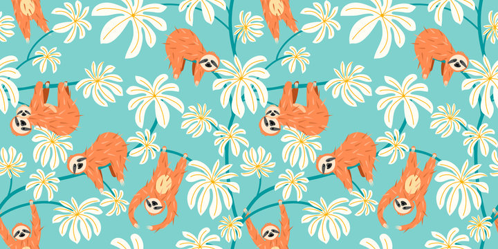 Cute sloth on floral tree pattern design. Seamless background funny lazy animal