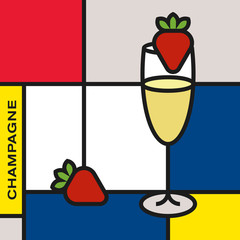 Champagne glass with two strawberries. Modern style art with rectangular shapes. Piet Mondrian style pattern.