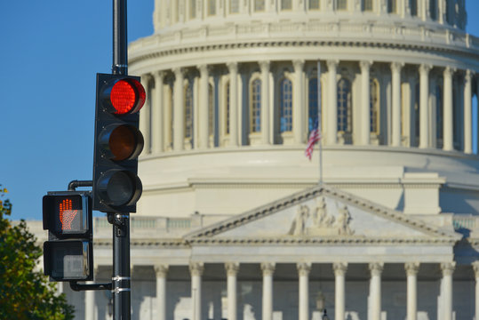 Red traffic light in front of the Capitol Building - Washington D.C. United States of America