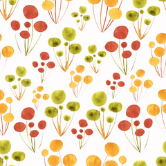 Watercolor hand drawn white pattern with yellow, red and green round shapes