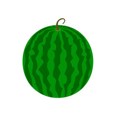 A whole green watermelon with dark green stripes. Stock vector illustration. Design element for logo, label,sign, emblem, badge.