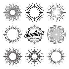 Vintage sunburst collection. Bursting sun rays. Fireworks. Logotype or lettering design element. Radial sunset beams. Vector illustration.