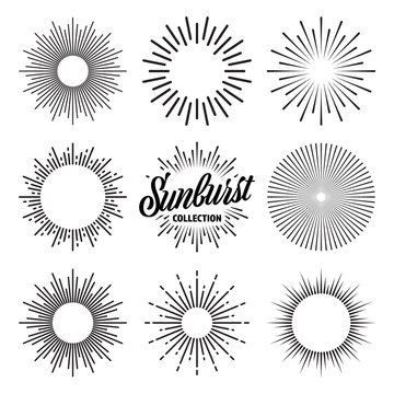 Vintage sunburst collection. Bursting sun rays. Fireworks. Logotype or lettering design element. Radial sunset beams. Vector illustration.