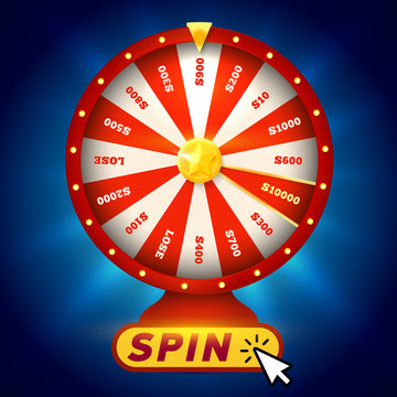 Fortune wheel on blue background. Gambling game. Raffle prizes. Random choice wheel logo. Round colorful lottery, casino symbol. Online money bets sign. Isolated slot machine vector illustration