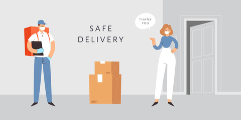 Safe Delivery Concept. Courier in medical mask and gloves delivers the package, parcel or food during quarantine. Contact free 24/7 delivery service with social distance during  Coronavirus.