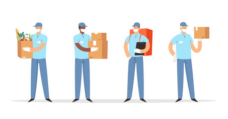 Safe Delivery Concept. Couriers hold boxes in medical masks and gloves, delivers the package, parcel or food during quarantine. Contact free 24/7 delivery service during Coronavirus
